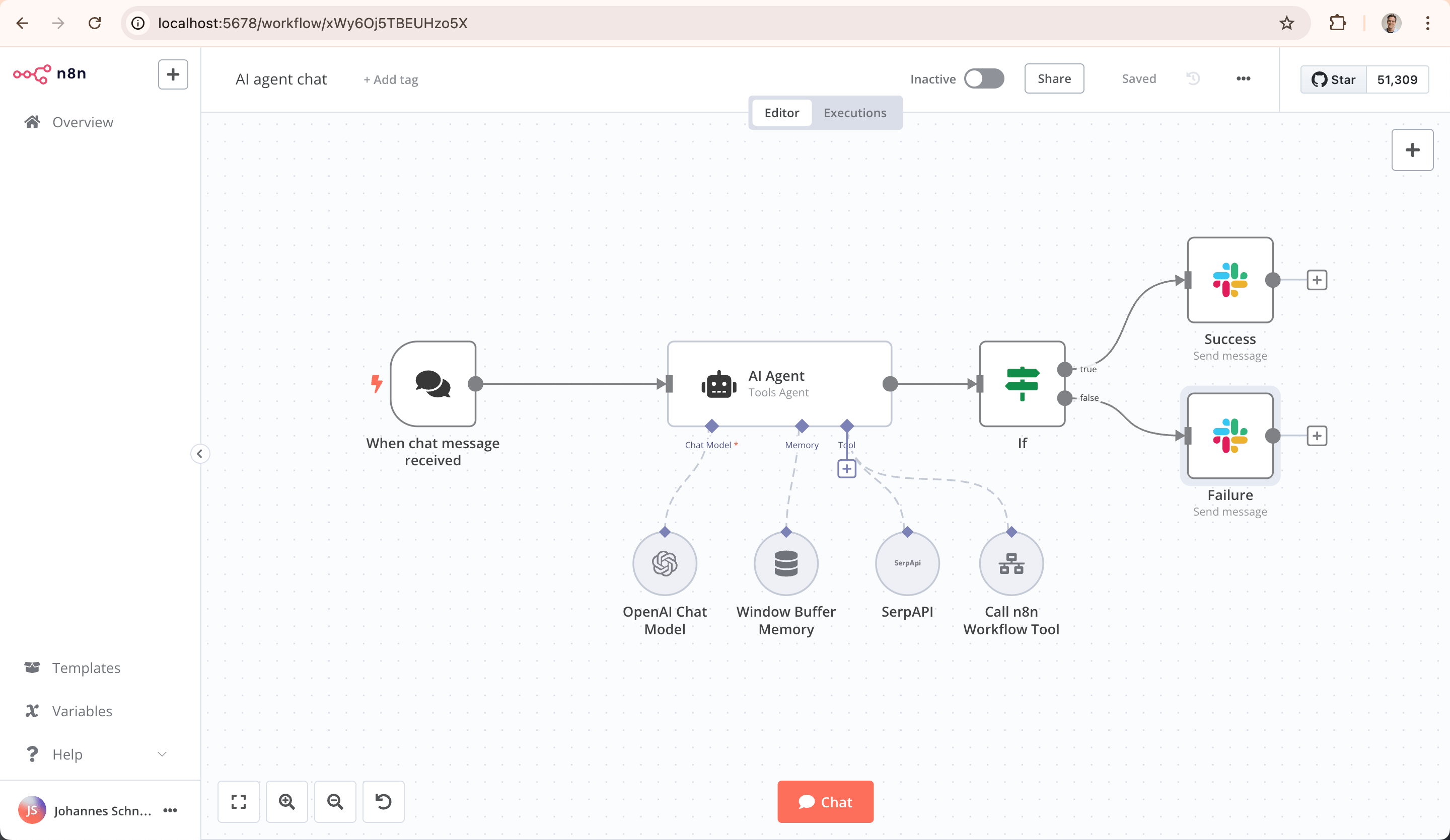 Giao diện thiết kế workflow trực quan của n8n với các node được nối với nhau