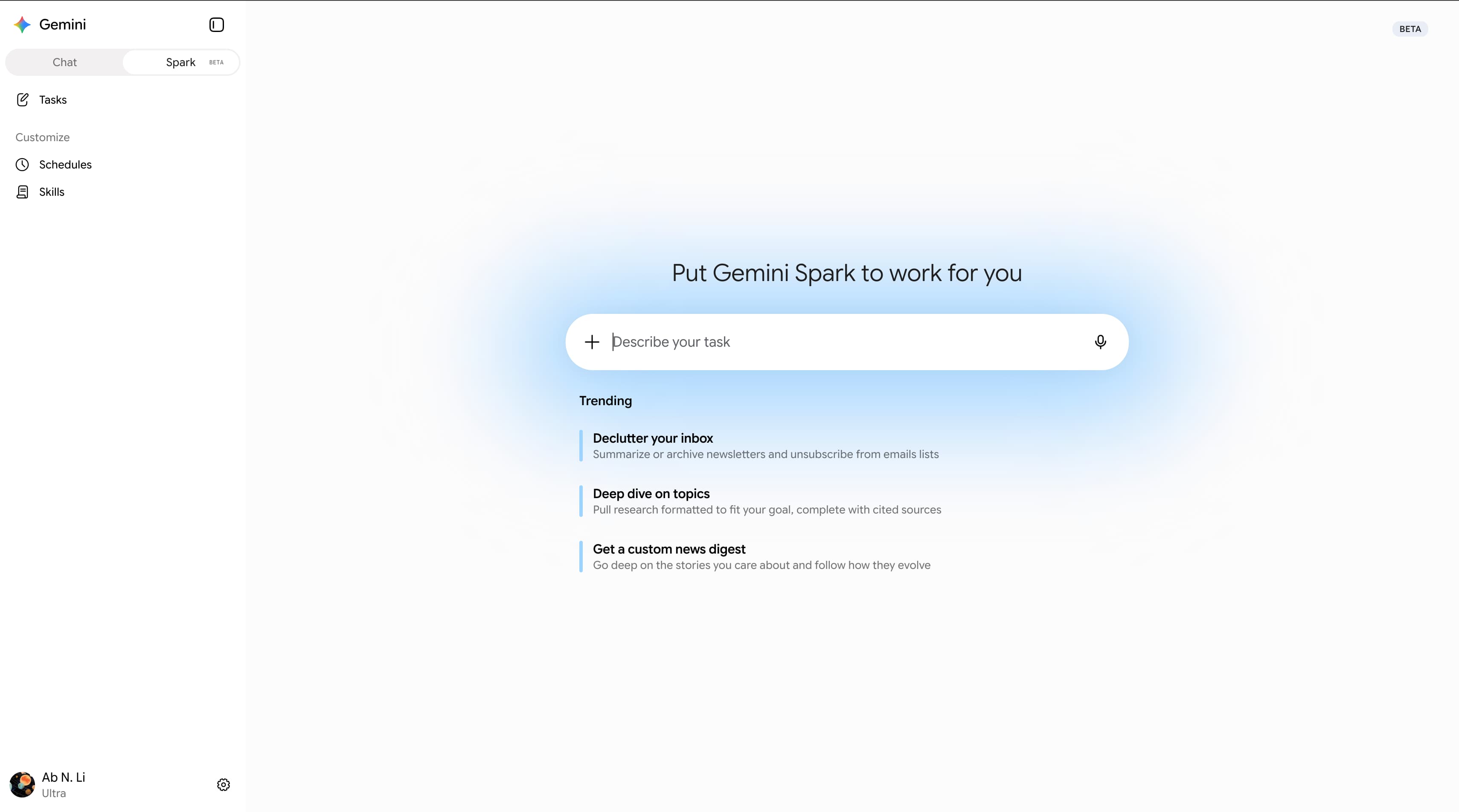 Giao diện Gemini Spark với công tắc Chat/Spark, ô "Describe your task" và các mục Tasks, Schedules, Skills ở sidebar