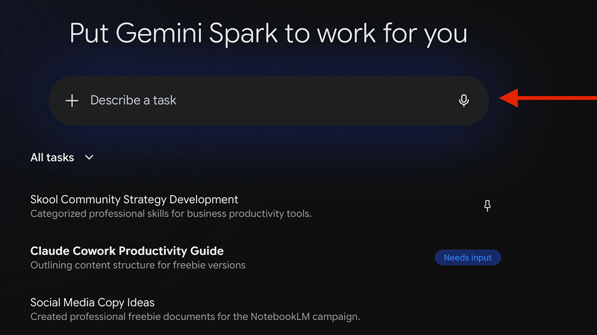 Danh sách task của Gemini Spark với nhiều task đang chạy, một cái gắn nhãn xanh "Needs input"