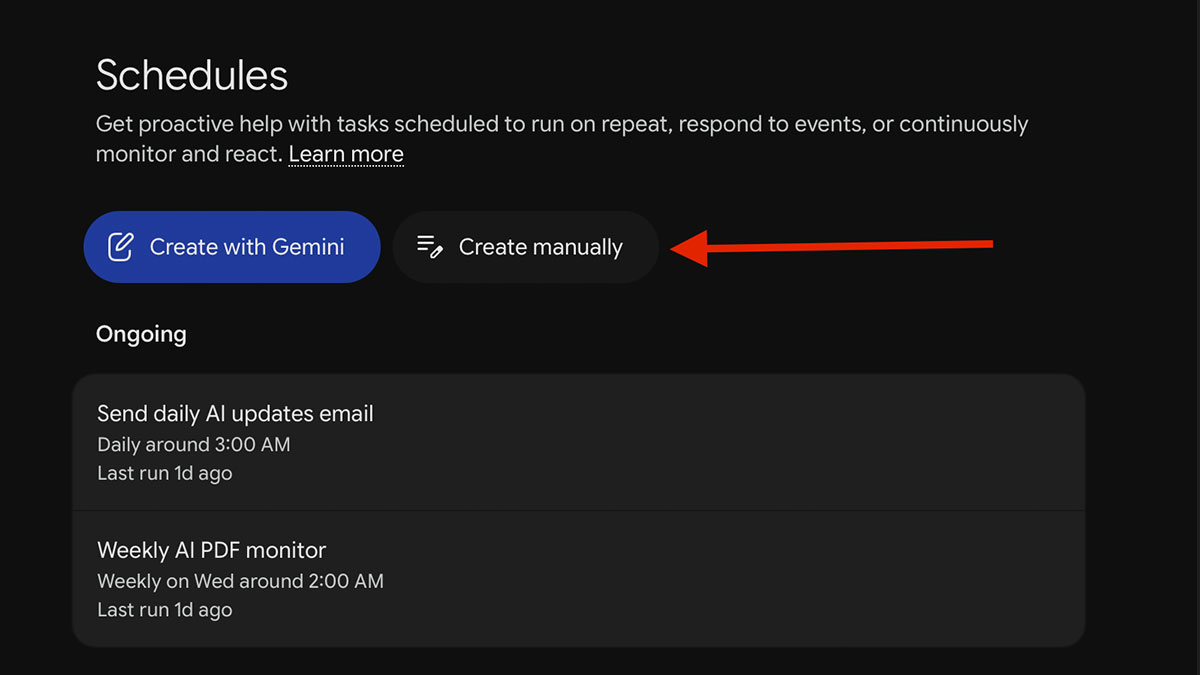 Trang Schedules của Gemini Spark liệt kê các automation đang chạy: "Send daily AI updates email" chạy hằng ngày khoảng 3:00 sáng và "Weekly AI PDF monitor" chạy thứ Tư, cả hai đều ghi "Last run 1d ago"