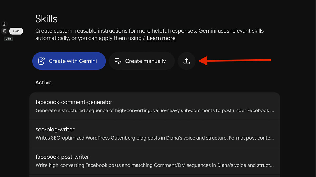 Trang Skills của Gemini Spark với các chỉ dẫn tái sử dụng như "seo-blog-writer" và "facebook-post-writer", cùng nút tạo hoặc upload skill