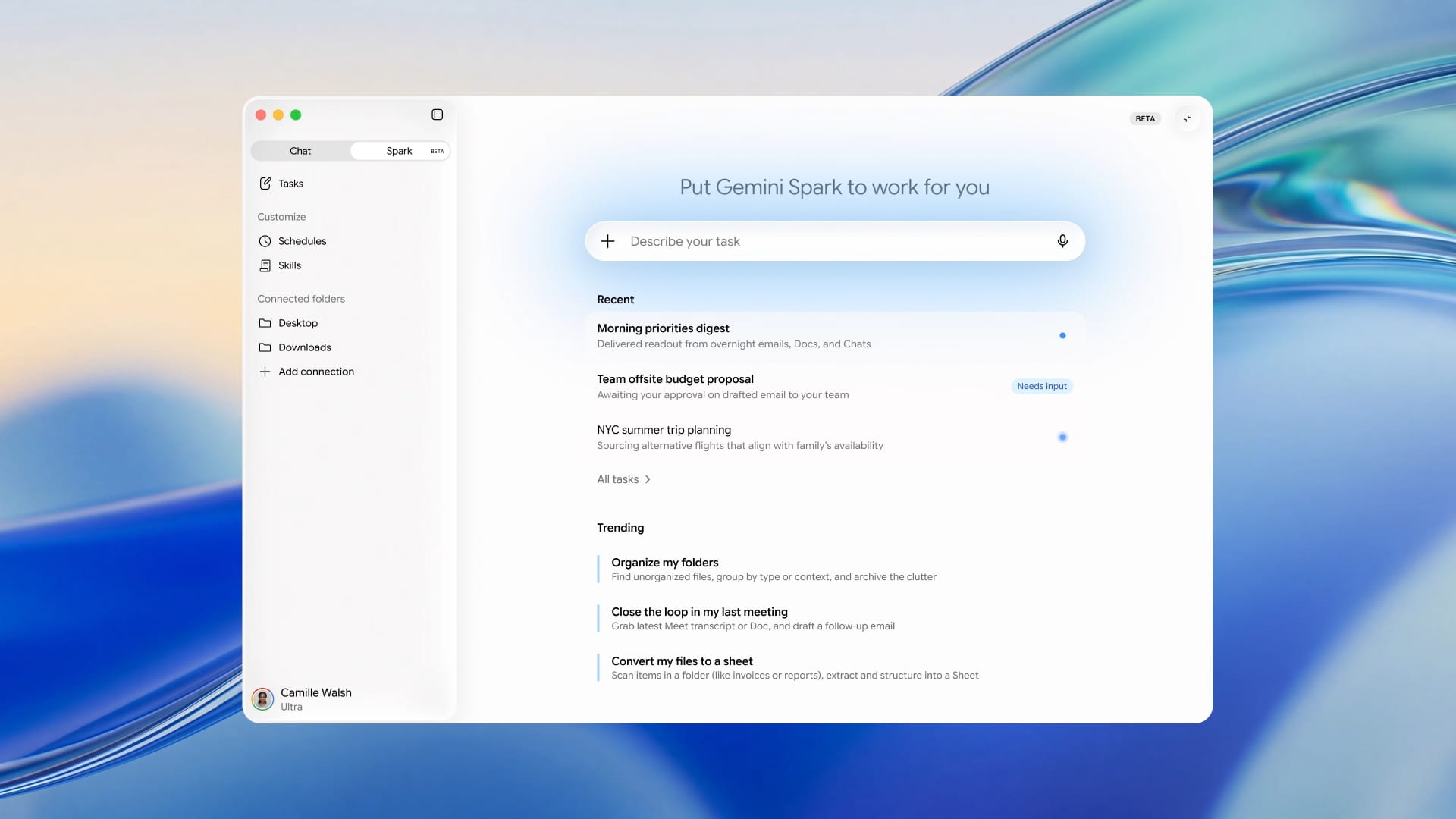 App desktop của Gemini Spark hiển thị các thư mục đã kết nối và các task gần đây — một bản tóm tắt ưu tiên buổi sáng, một đề xuất ngân sách gắn nhãn "Needs input", và một task lên kế hoạch chuyến đi đang chạy
