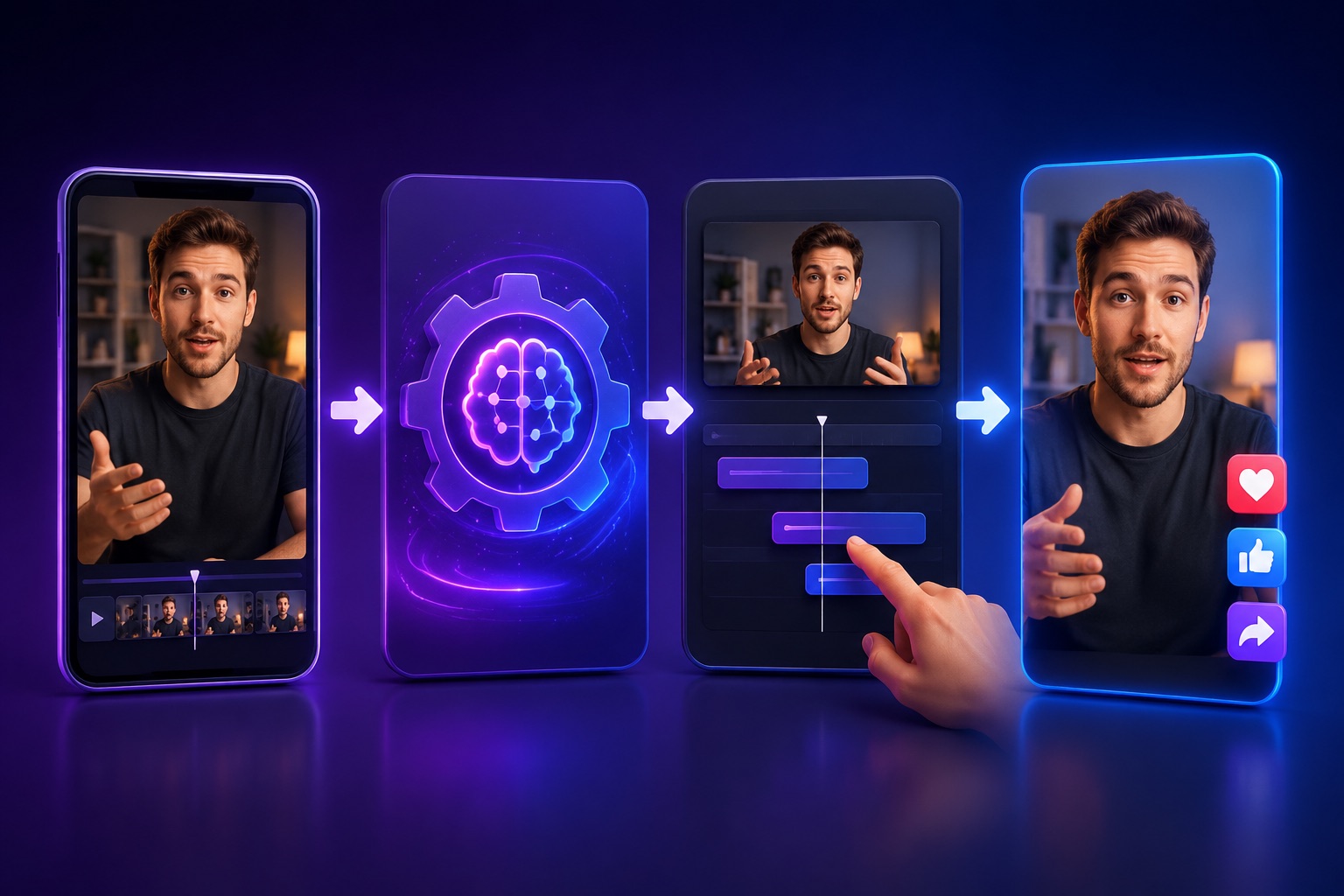 Quy trình AI Producer của OpusClip: video thô, AI lên kế hoạch dựng, chỉnh timeline, ra clip sẵn sàng đăng