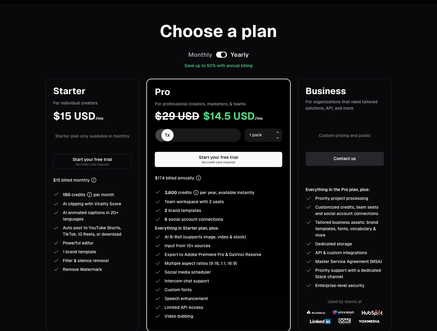 Trang giá OpusClip: Starter $15, Pro $14,50/tháng khi trả năm, Business báo giá riêng