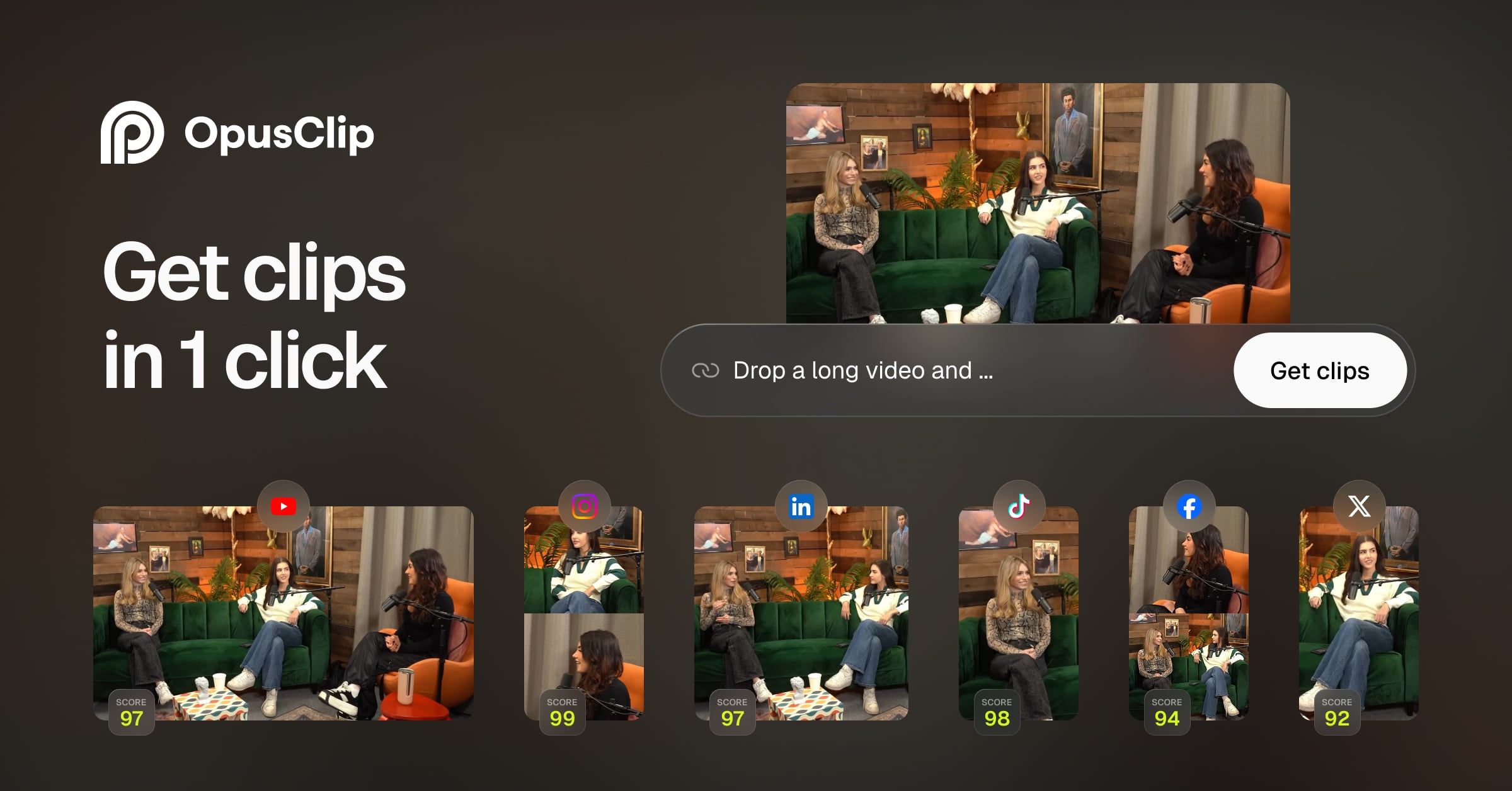 OpusClip cắt một podcast dài thành nhiều clip dọc có chấm điểm cho YouTube, Instagram, LinkedIn, TikTok, Facebook và X