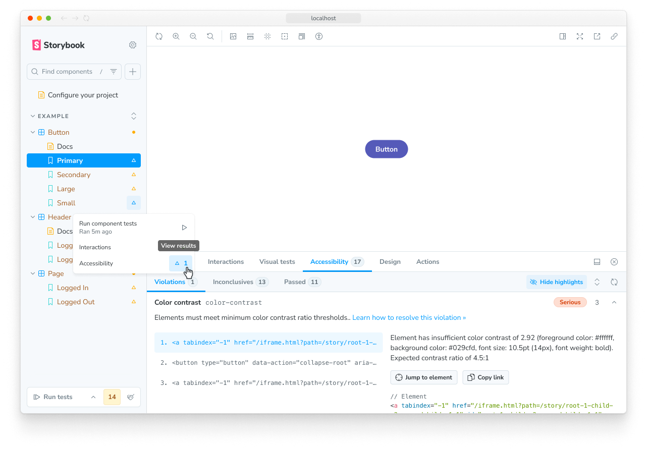 Panel accessibility của Storybook liệt kê các lỗi phát hiện được trên một component, kèm quy tắc bị vi phạm và phần tử liên quan