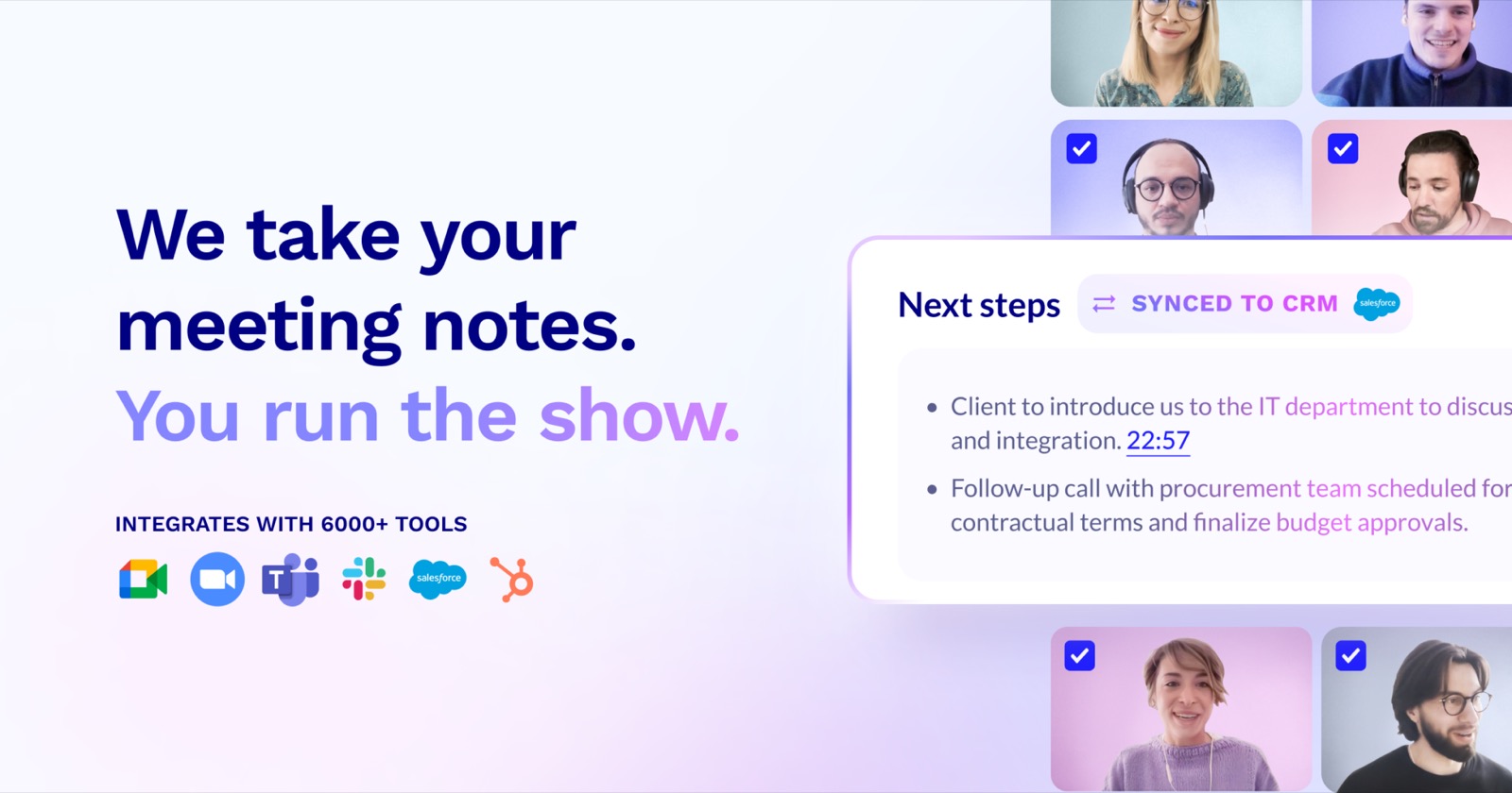 Ảnh giới thiệu tl;dv: giao diện ghi hình cuộc họp có bot, kèm bảng Next steps tự đồng bộ sang CRM