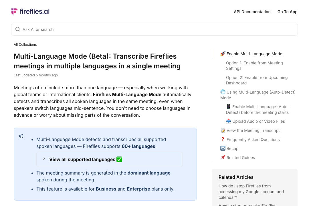 Ảnh chụp tài liệu Fireflies về Multi-Language Mode: tính năng chỉ dành cho gói Business và Enterprise, hỗ trợ hơn 60 ngôn ngữ