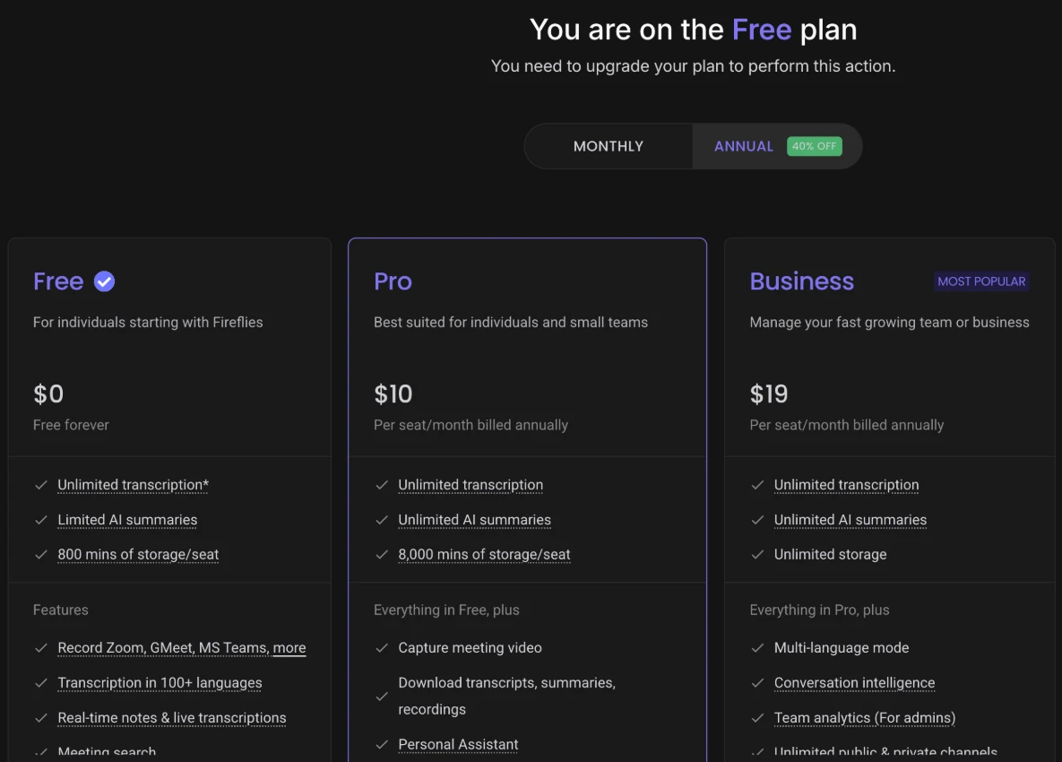 Ảnh chụp bảng giá Fireflies: Free $0 với 800 phút lưu trữ, Pro $10, Business $19 có Multi-language mode
